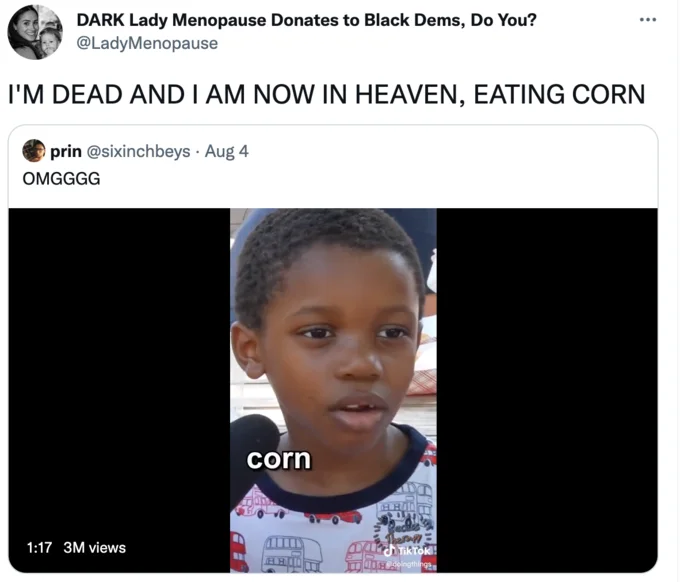 Corn Kid Corn Song Tiktok — Tweet quoting the Corn Kid TikTok with the caption 'I'm dead and I am now in heaven, eating corn'