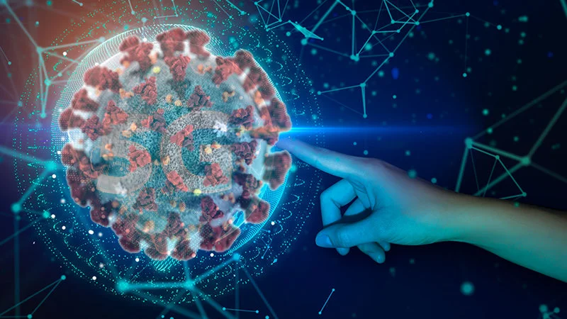 Coronavirus 5G Conspiracy Theory — Futuristic 3D illustration showing coronavirus particle with circuit board patterns and cyan hand reaching, symbolizing