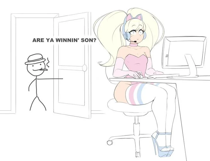 Stick figure dad asks 'are ya winnin son' to the correct gaming posture anime girl.
