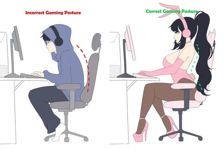 Correct Gaming Posture — Hoodie-wearing gamer compared to bunny-eared anime girl in gaming posture meme redraw.