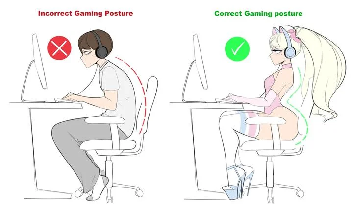 Correct Gaming Posture — Illustration comparing a hunched male gamer to an arched anime girl at a desk.