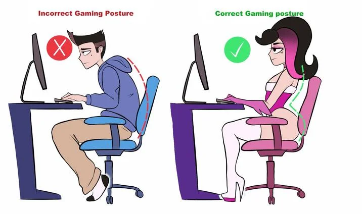 Colorful anime redraw of correct and incorrect gaming posture meme with pink-haired character.
