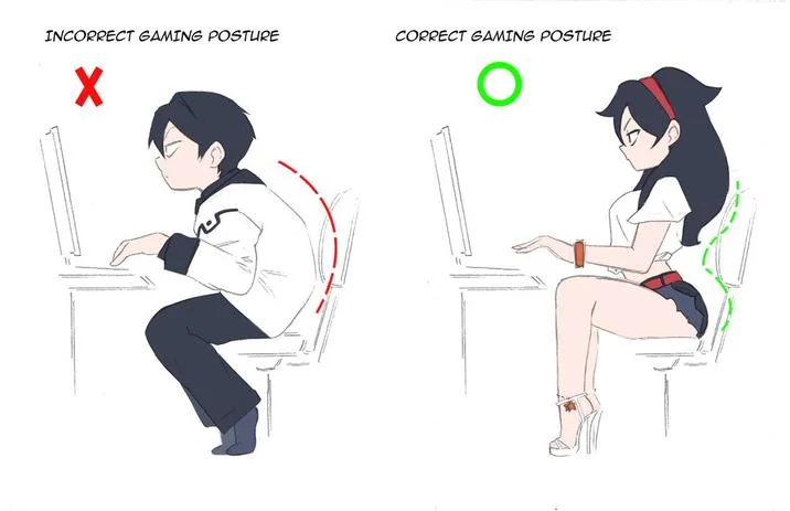 Correct Gaming Posture — Male hunched over laptop versus upright anime schoolgirl in gaming posture comparison.