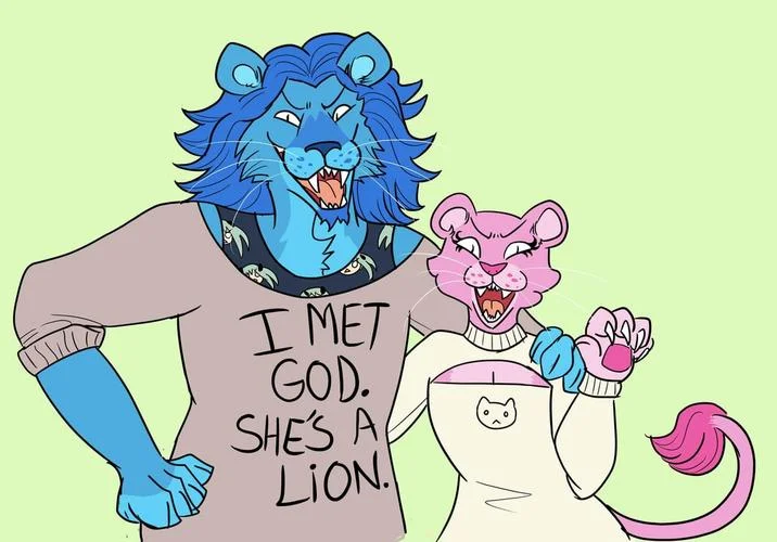 Correct Gender And Sexuality Lions — Fan redraw of the blue lion and pink lioness as friends wearing casual clothing including an I Met God She's A Lion shirt.