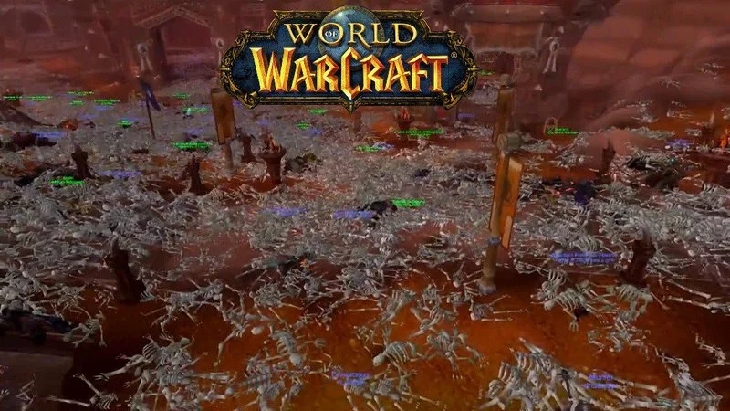 World of Warcraft screenshot showing piles of player skeletons scattered across a city from the Corrupted Blood incident