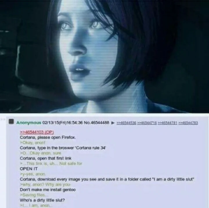 Cortana Reference — Screenshot of Halo's Cortana character with 4chan comment thread discussing Cortana, Firefox, and browser interactions.