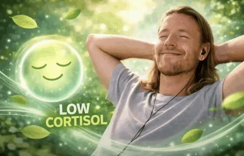 Cortisol Level Cortisol Spike — Wholesome cortisol variant showing 'low cortisol' state with relaxed person sitting peacefully outdoors and glowing smiley