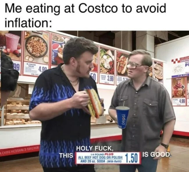 Costco Guys — Two men reacting with surprise and excitement at Costco food court, one holding a hot dog, with meme commentary overlay.
