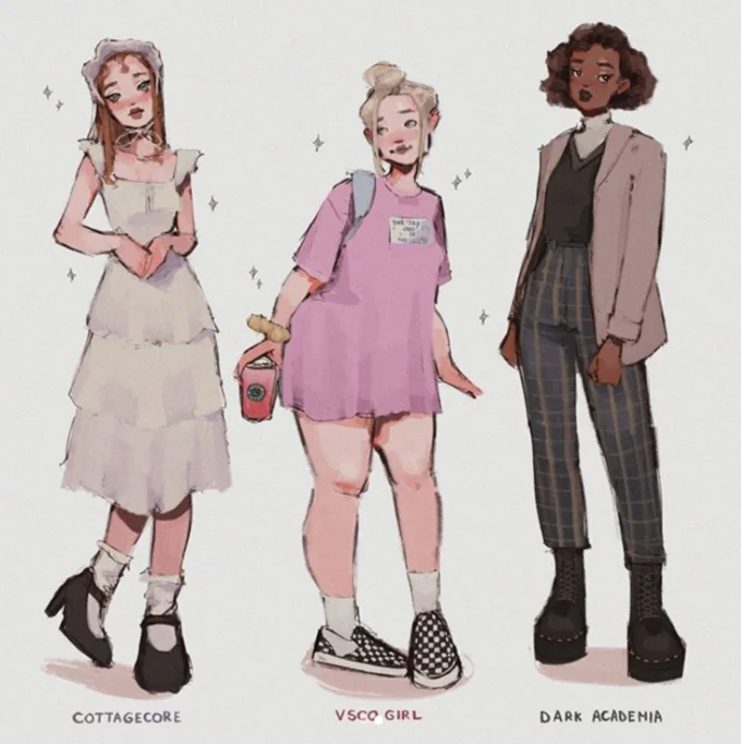 Character design sheet comparing cottagecore figure in white lace dress with VSCO girl and dark academia aesthetics.