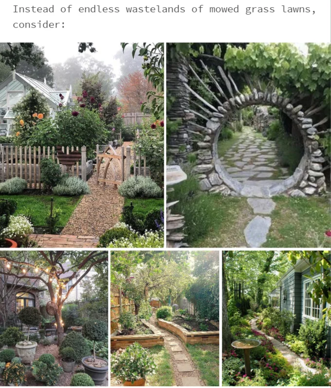 Cottagecore — Meme with instructional text promoting cottage gardens with six pastoral garden design examples including archways and flowering borders.