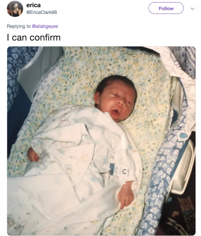 Coughing Cat — Tweet with photo of newborn baby coughing in a bassinet