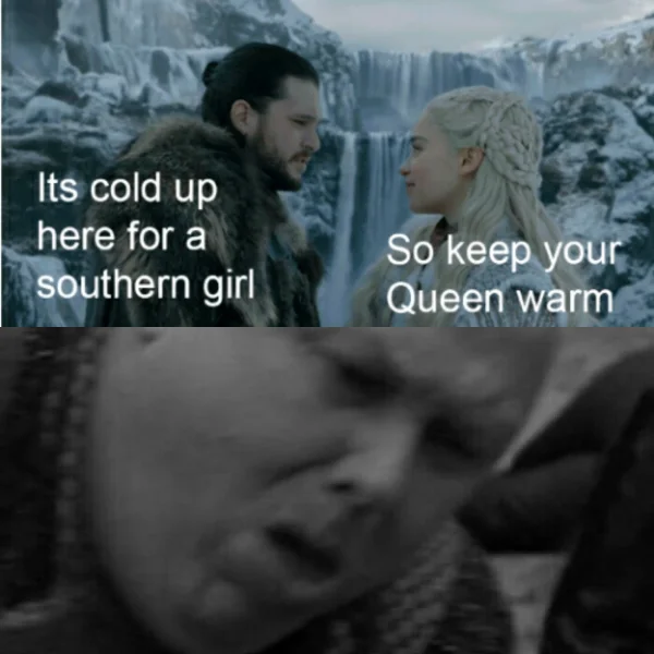 Coughing Varys — Two-panel meme of Jon and Dany flirting above and a distorted Varys reacting below