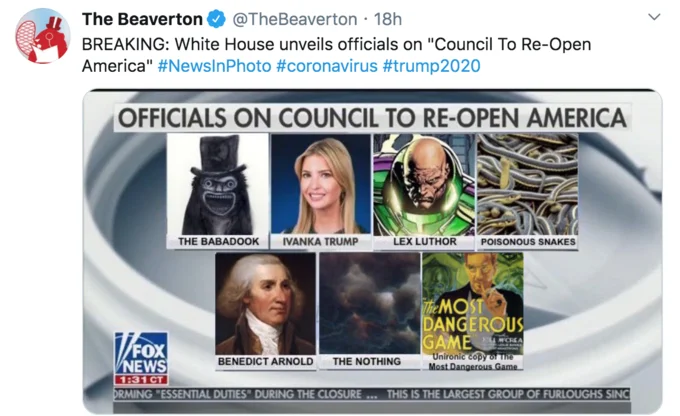 Council to Re-open America — Parody chyron replacing most council members with villains like The Babadook, Lex Luthor and Benedict Arnold