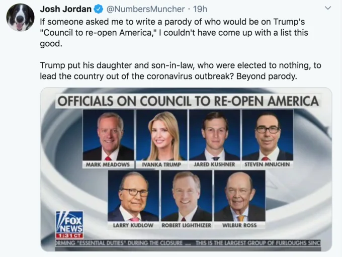 Josh Jordan tweet reacting to the Council to Re-Open America chyron, calling it beyond parody