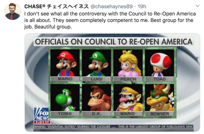 Council to Re-open America — Parody chyron replacing council members with Super Mario characters including Mario, Luigi, Peach, Bowser