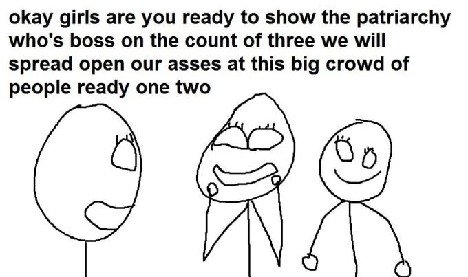 Counter Signal Memes — Stick figure comic mocking feminist protest with vulgar dialogue