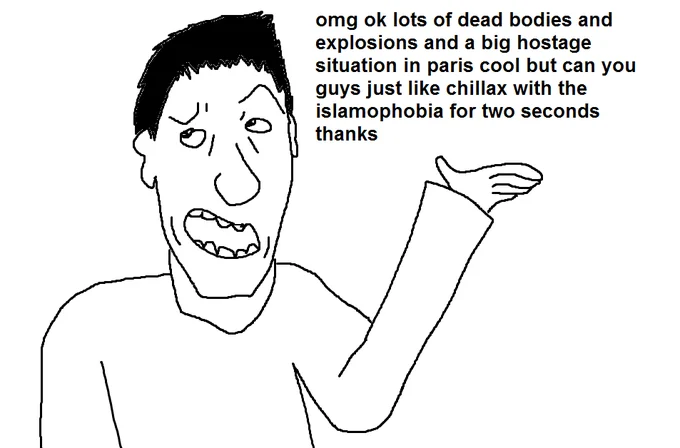 Counter Signal Memes — Cartoon of smug man dismissing concerns about Paris attacks as Islamophobia