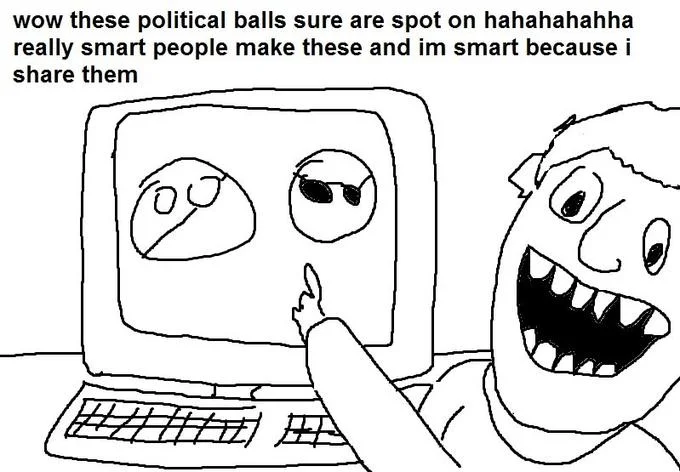 Counter Signal Memes — Cartoon of grinning man pointing at political balls on a computer screen