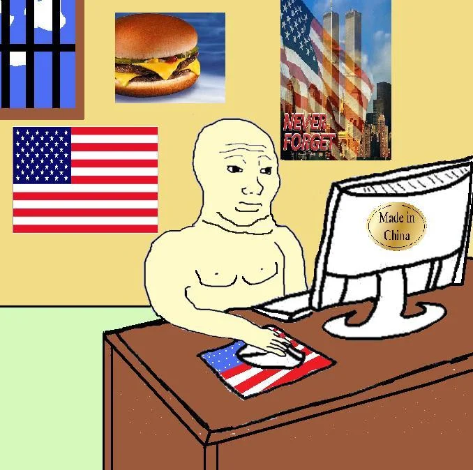 Country Feels — American Feels wojak at computer with US flag, cheeseburger, and 9/11 Never Forget poster