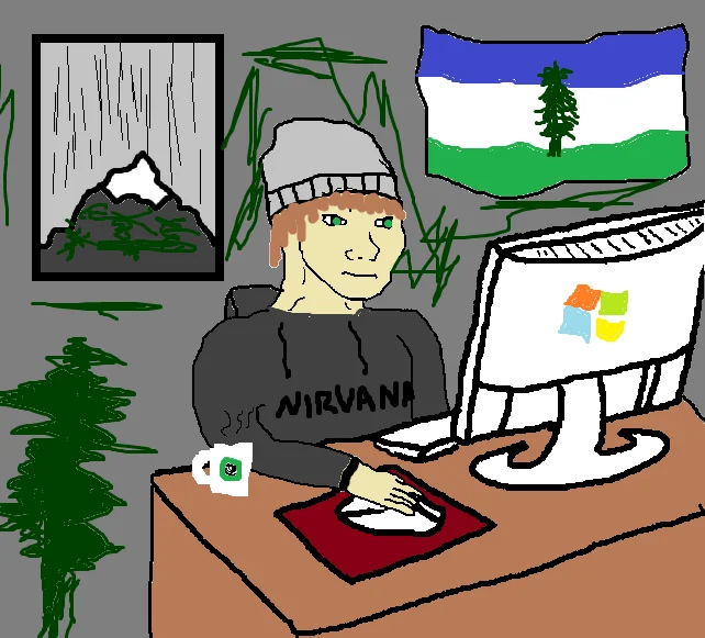Country Feels — Cascadia Feels wojak in Nirvana hoodie at computer with Cascadia flag and rainy mountain