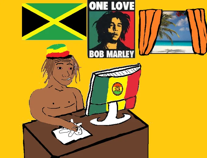 Country Feels — Jamaican Feels wojak with dreadlocks at computer with Bob Marley poster and Jamaican flag