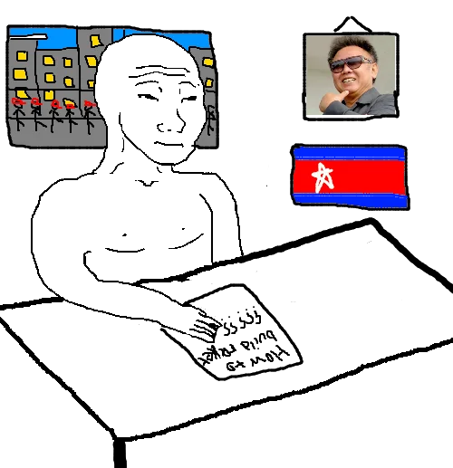 Country Feels — North Korean Feels wojak at computer with Kim Jong-il portrait and North Korean flag