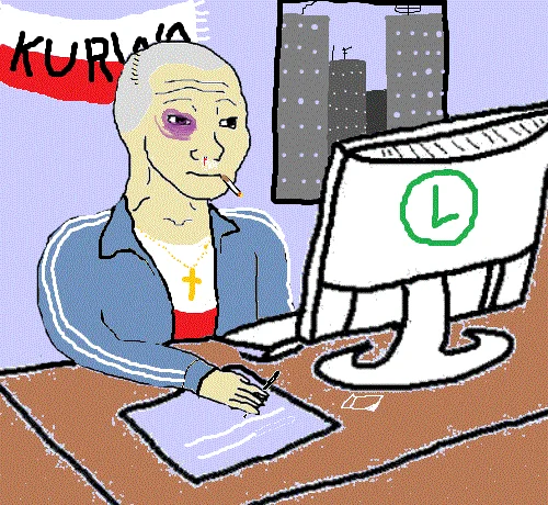 Country Feels — Polish Feels wojak in tracksuit with cigarette at computer, Polish flag saying KURWA
