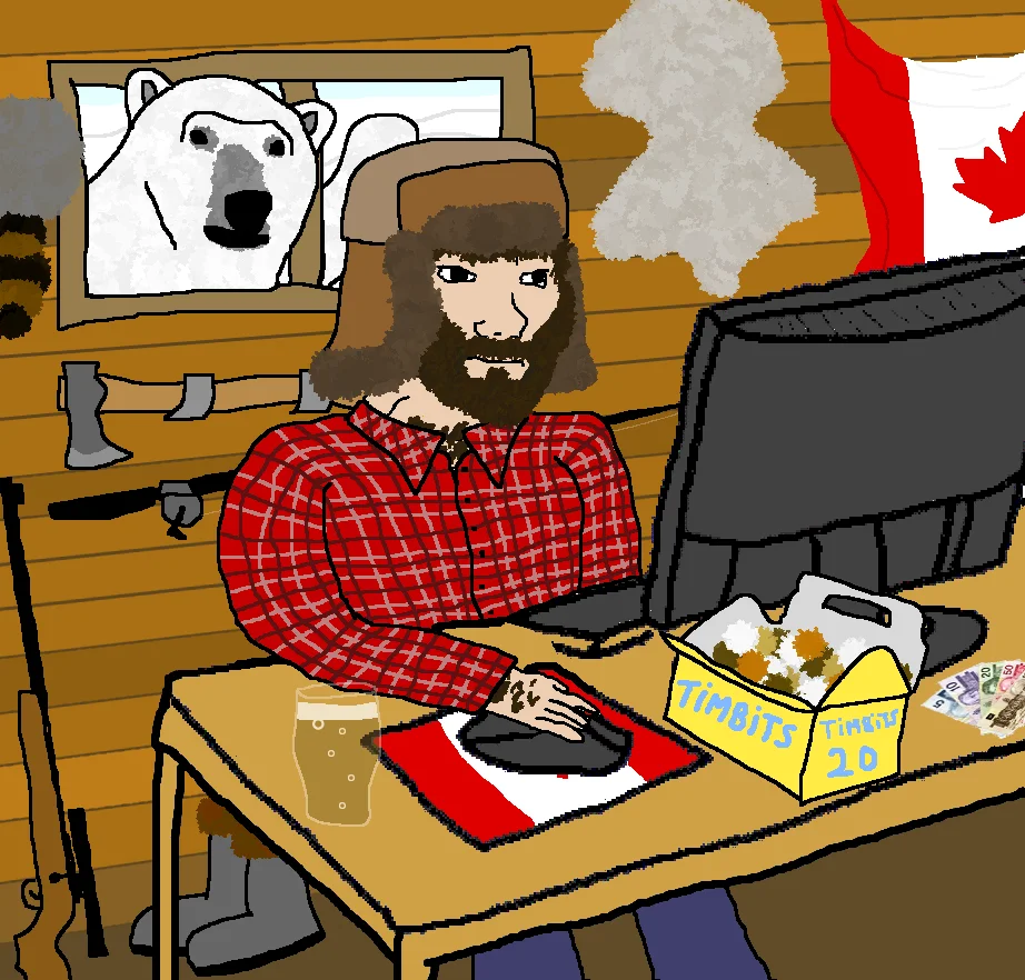 Country Feels — Canadian Feels wojak in plaid shirt at computer with Canadian flag, polar bear, and Timbits