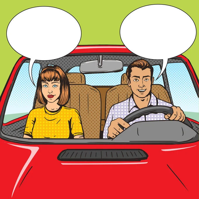 Couple in a Red Car — Couple in red car with two empty speech bubbles against green background