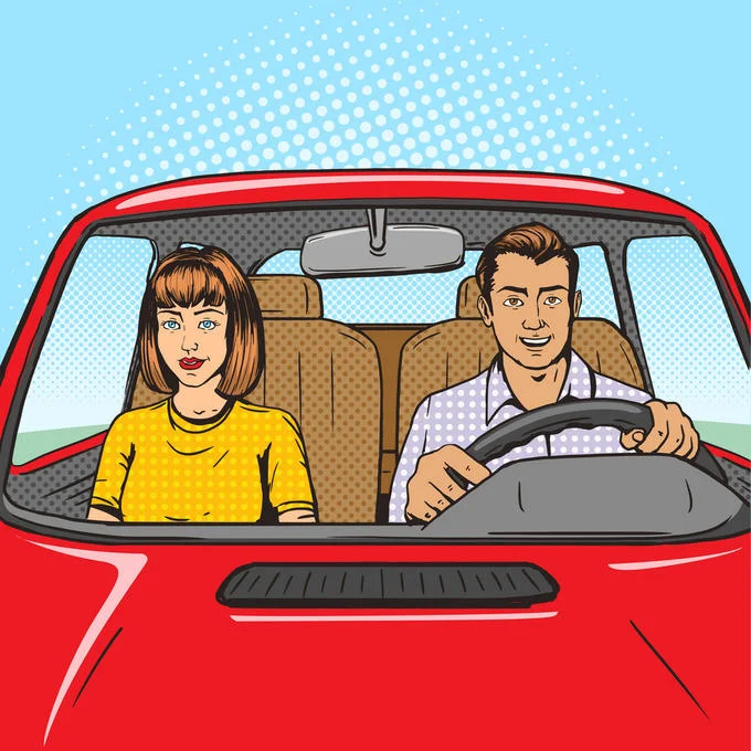Pop-art drawing of a couple in a red car, woman on left and man driving on right