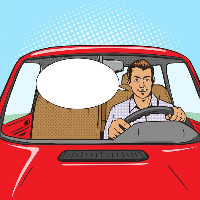 Couple in a Red Car — Pop-art man driving red car alone with blank speech bubble