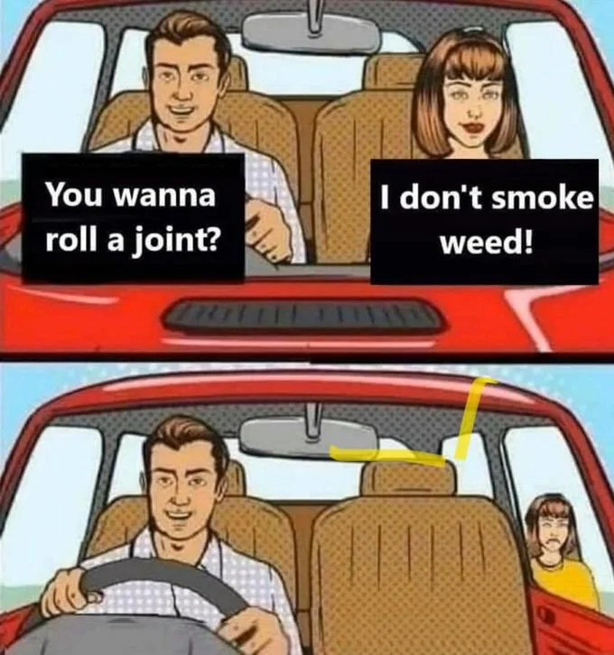 Couple in a Red Car — Marijuana joint version of couple in red car meme with yellow doodles