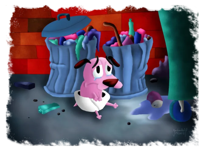 Courage The Cowardly Dog — Digital painting of baby Courage crying in an eggshell next to alley trash cans