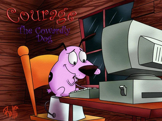 Courage The Cowardly Dog — Fan art of Courage using an old computer at night with show title above