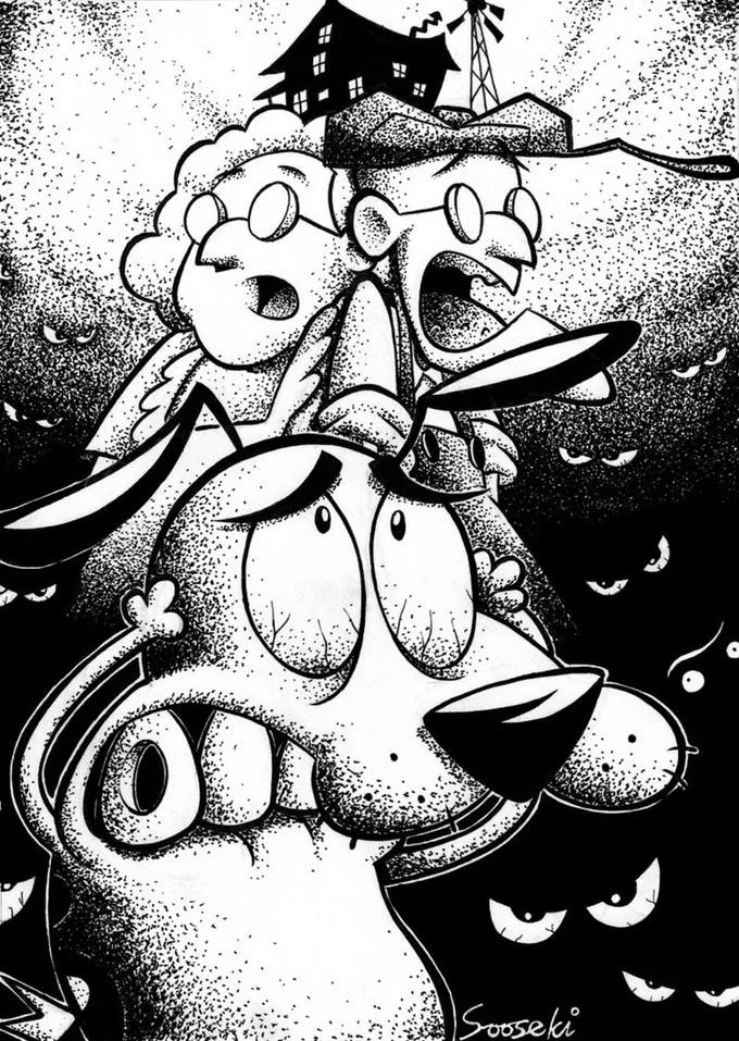Courage The Cowardly Dog — Black and white fan art of Courage, Muriel, and Eustace with the haunted farmhouse and eerie eyes