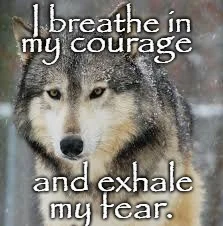 Courage Wolf — Wolf portrait with poetic inspirational text about breathing in courage and exhaling fear.