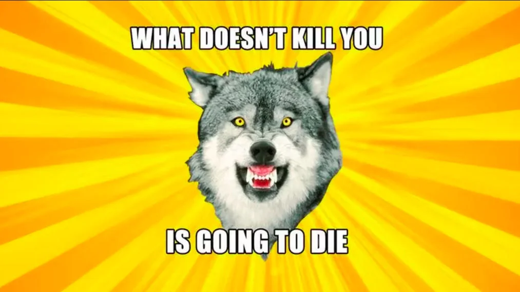 Classic Courage Wolf featuring grinning wolf on bright yellow radiant background with darkly humorous two-line text.
