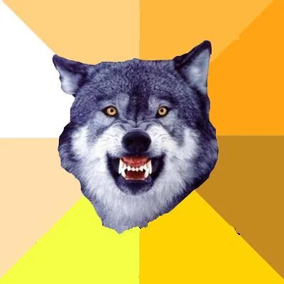 Courage Wolf template featuring grinning wolf on geometric pie-chart background with yellow, orange, brown, and white sections.