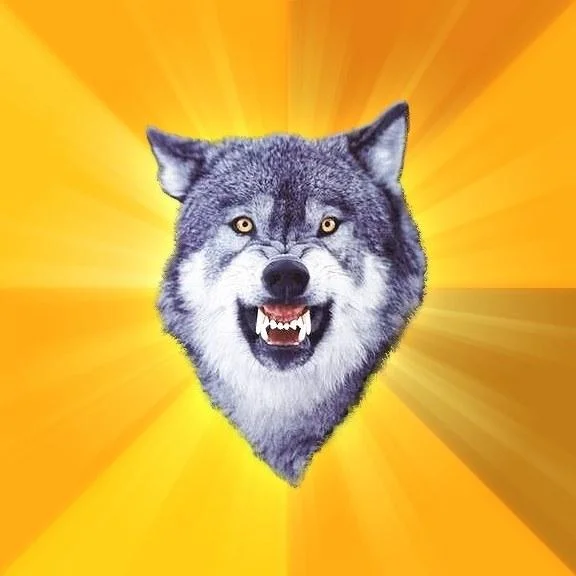 Iconic Courage Wolf template featuring grinning wolf centered on bright yellow radiant sunburst background.