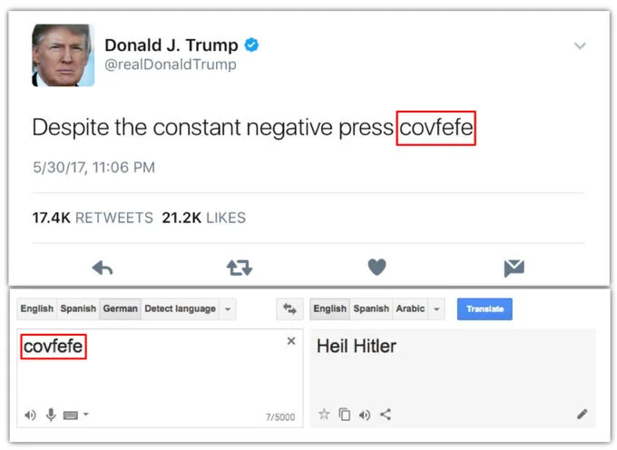 Trump's covfefe tweet next to fake Google Translate showing 'Heil Hitler'