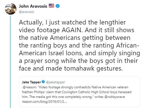 Covington High School Students Confrontation With Native American Activists — Screenshot of John Aravosis tweet quote-tweeting Jake Tapper about the Covington