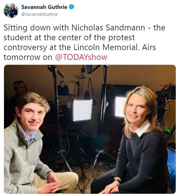 Covington High School Students Confrontation With Native American Activists — Screenshot of Savannah Guthrie tweet with a photo of her seated with Nicholas