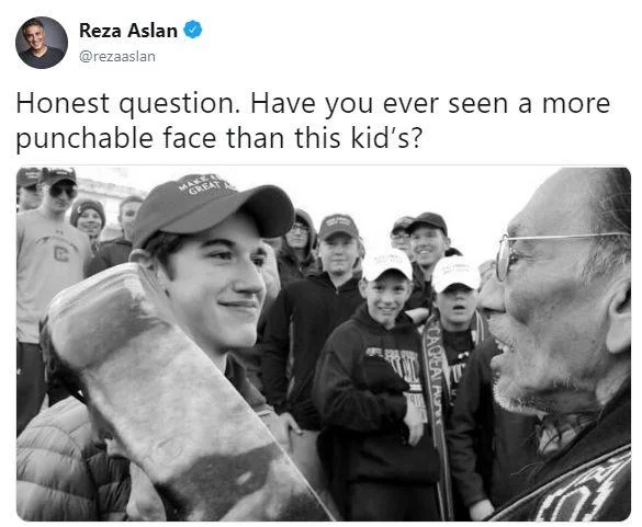 Covington High School Students Confrontation With Native American Activists — Screenshot of Reza Aslan tweet with a black-and-white photo of Nick Sandmann and