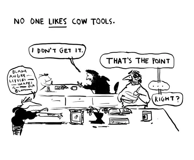 Illustration titled 'No one likes Cow Tools' with bar patrons discussing the joke, saying 'I don't get it' and 'That's the point'.