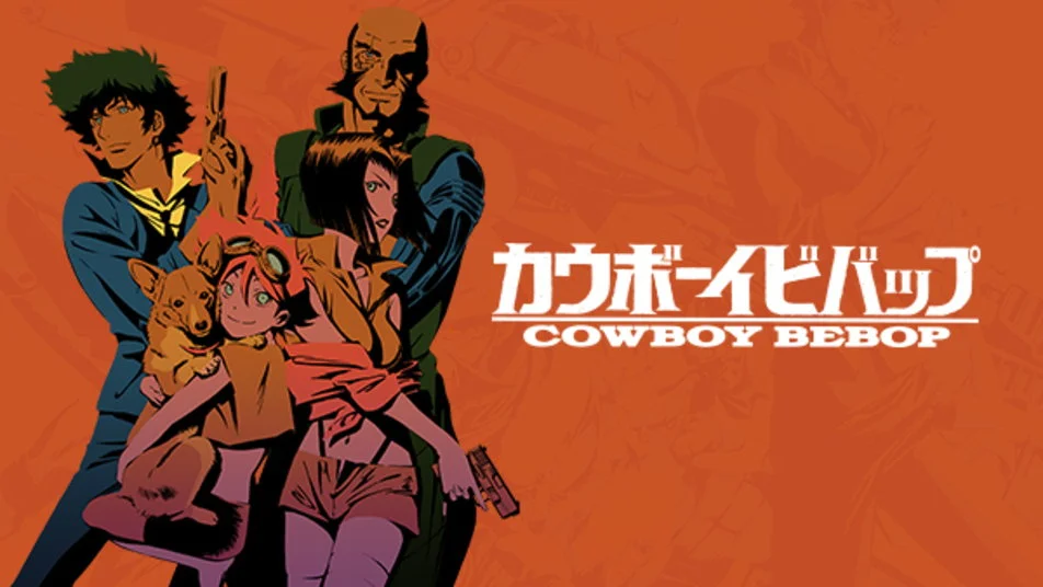 Cowboy Bebop anime promotional artwork with Spike, Jet, Faye, Ed, and Ein on an orange background