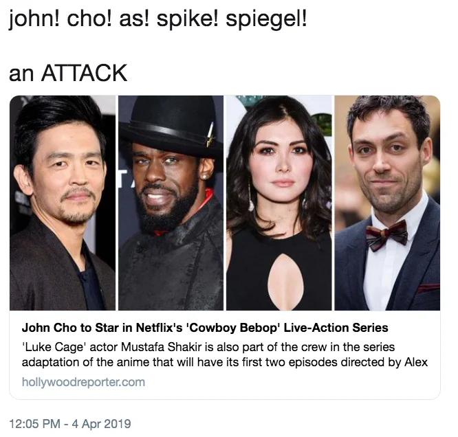 Tweet reacting excitedly to John Cho being cast as Spike Spiegel in Netflix's Cowboy Bebop