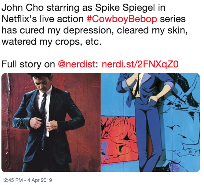 Cowboy Bebop — Tweet comparing John Cho in a suit with anime Spike Spiegel side by side