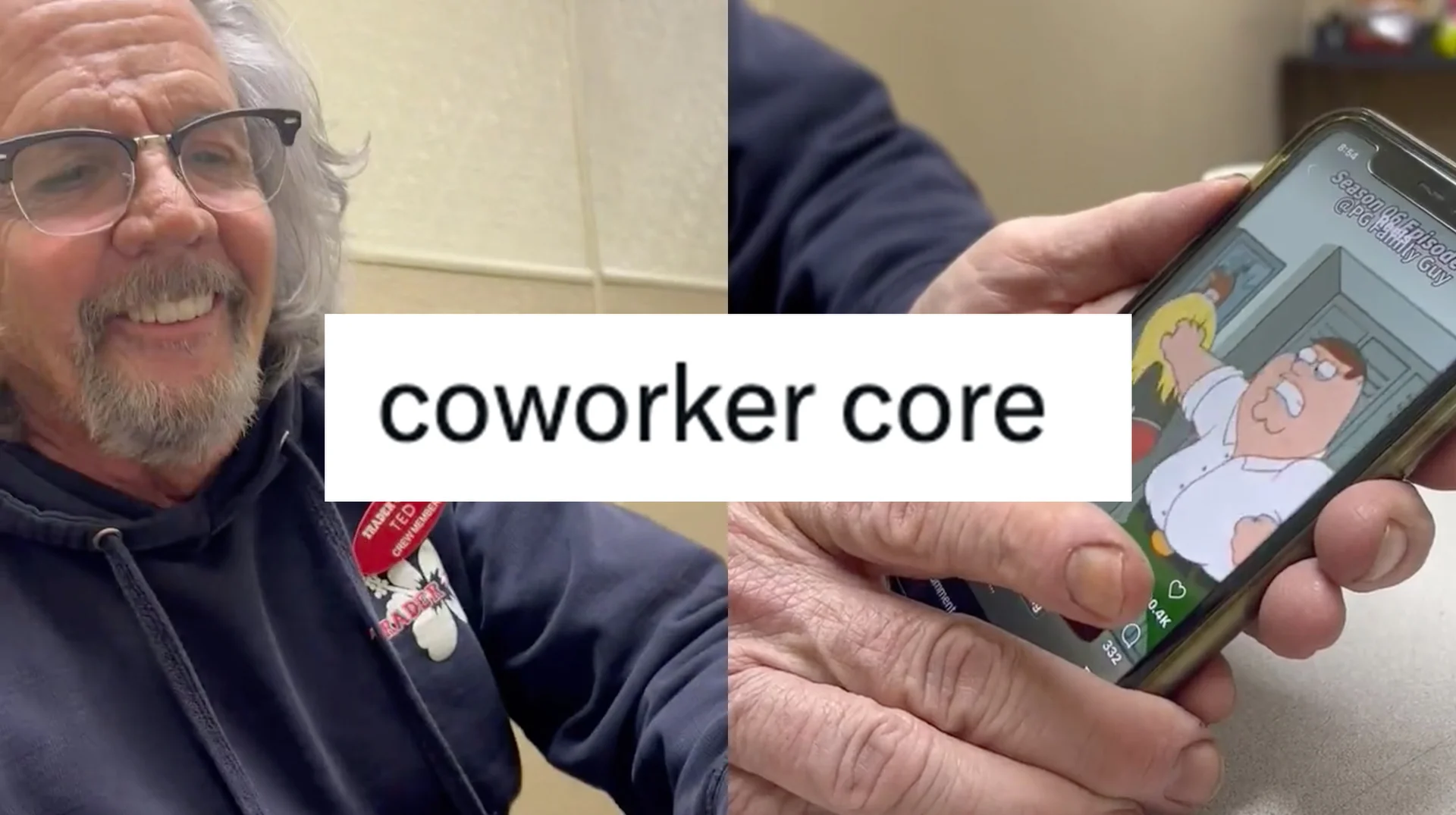 Coworker Memes The Type Of Video Your Coworker Shows You — Split image of an older bearded man smiling and hands holding a phone playing a Family Guy clip
