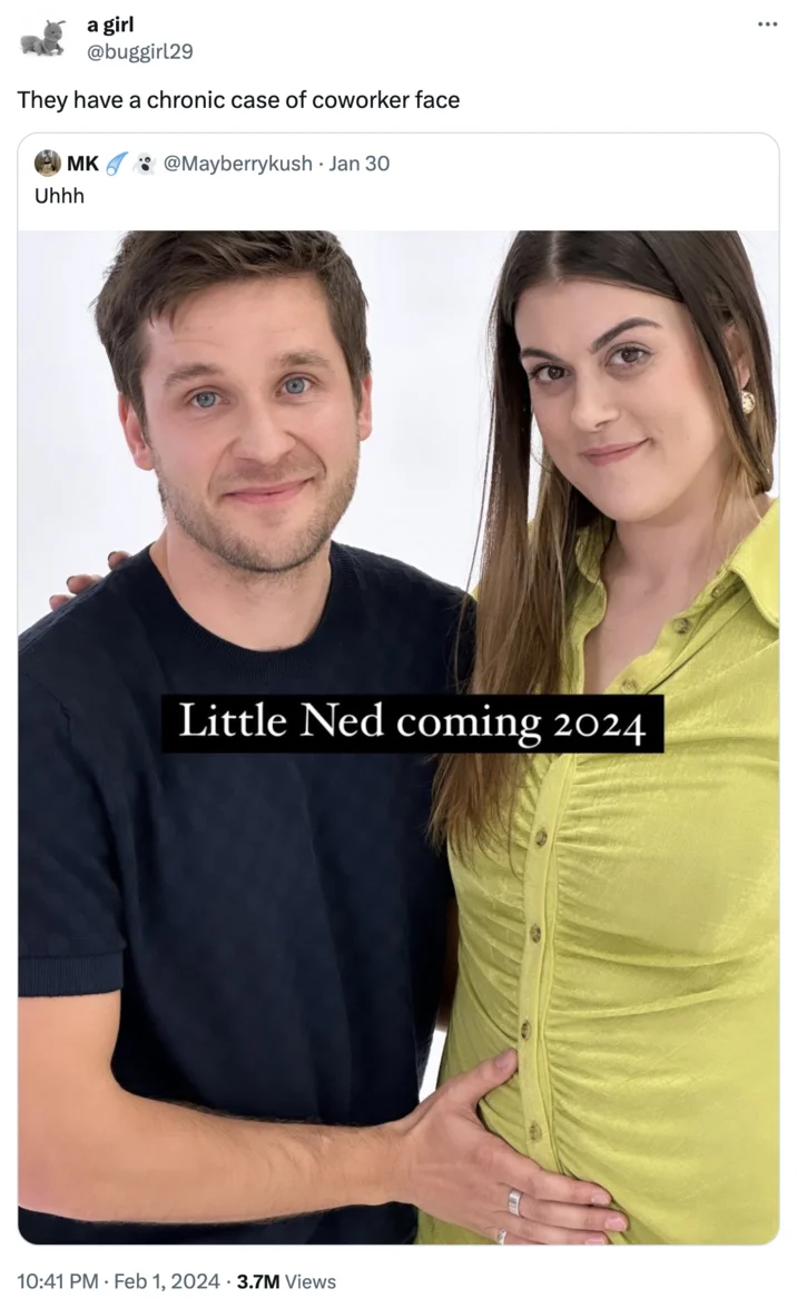 Coworker Memes The Type Of Video Your Coworker Shows You — Tweet reading 'They have a chronic case of coworker face' over a couple's pregnancy announcement