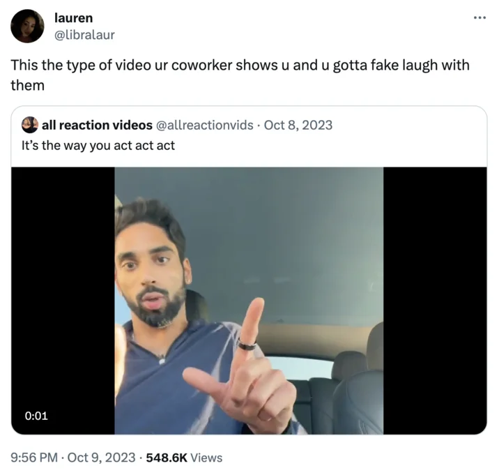Coworker Memes The Type Of Video Your Coworker Shows You — Tweet reading 'This the type of video ur coworker shows u and u gotta fake laugh with them' with a